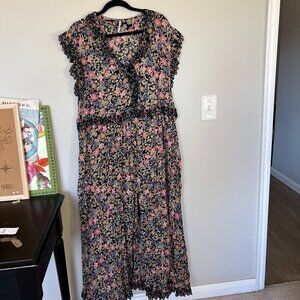 Free People | Button Front Maxi Dress Black Floral | L